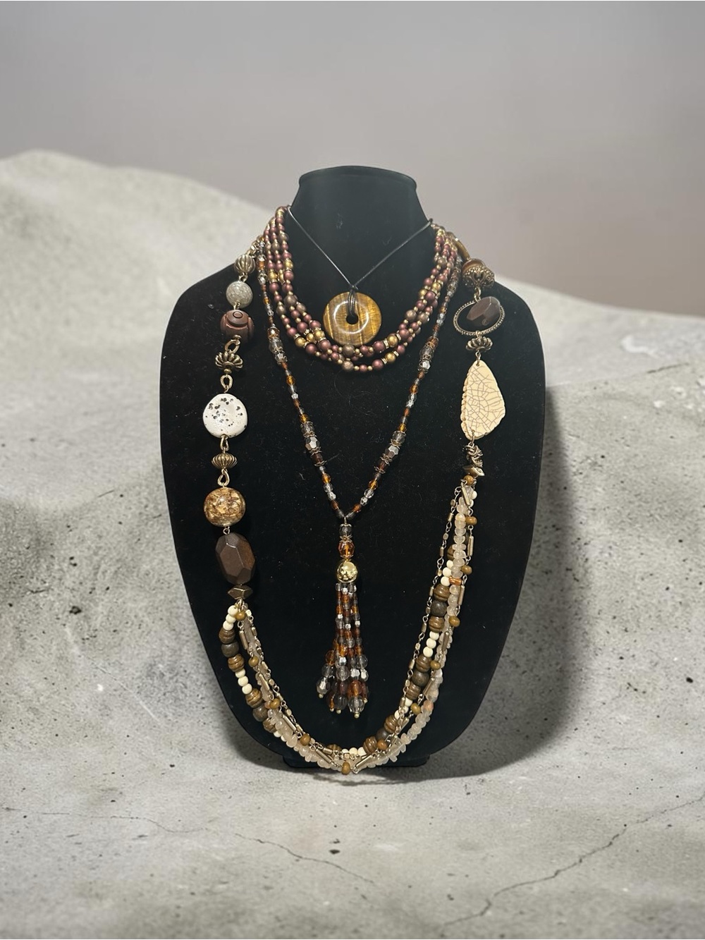 Boho Layered Beaded Statement Necklace Set Earth Tone Multi Strand Tassel